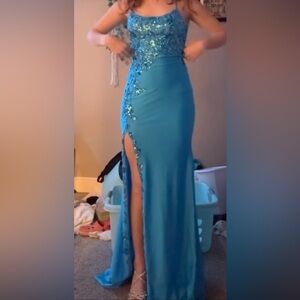 Faviana Turquoise Prom Dress with Floral Embellishments
